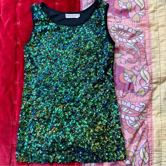 Anna Kaci Sparkle & Shine Green Beetle Toned Sequined Tank Top Goth Mermaid - Picture 8 of 11